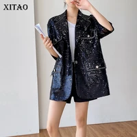 xitao black sequin blazer women notched collar loose fashion personality korean style 2020 new autumn streetwear coat zp1731
