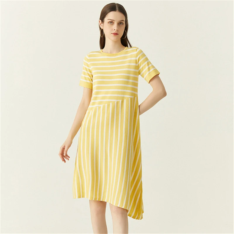 

Женское платье, простое молодежное милое асимметричное платье в полоску с круглым вырезом и коротким рукавом, юбка средней длины из тенсела...