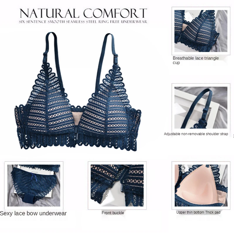 

Young Lady French Style Front Button Backless Bralette Summer Push Up Lace Side Thin Triangle 3/4Cup Bra Womens Wireless Bra