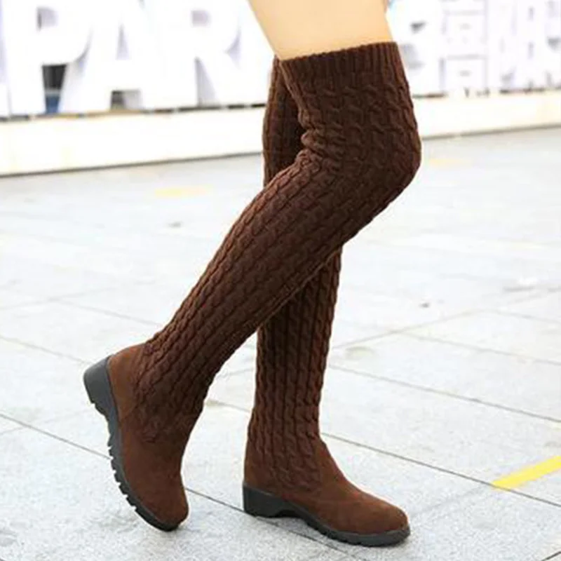 

Women's Boots Elastic Fabric Knee Boots 2021 New Knitted Wool Round Head Women's Shoes Warm Autumn And Winter Leisure