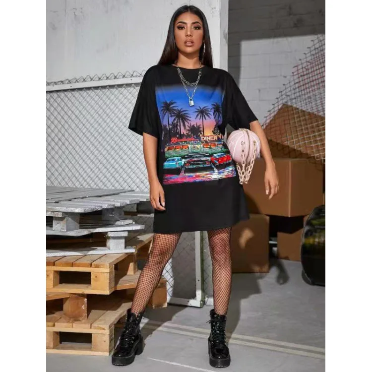 

Футболка женская оверсайз с коротким рукавом, хлопковая эластичная рубашка с принтом и завязкой, большие размеры, y2k, лето 2021