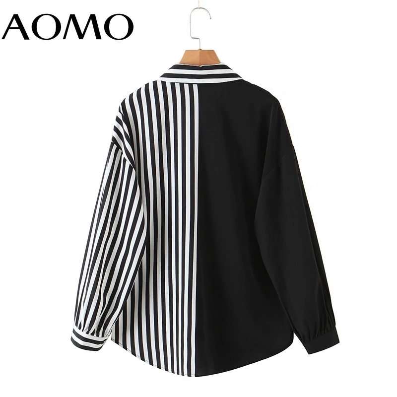 

AOMO Autumn Women Striped Patchwork Print Blouse Long Sleeve Chic Female Office Lady Shirt Blusas Femininas SL205A