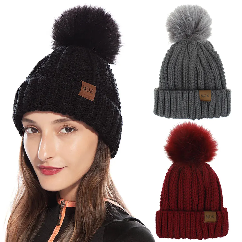 

1 PC New Knitted Beanie Hats Women Elegant Outdoor Warm Hats for Girls Faux Fur Bobble Pom Pom Ski Caps Female