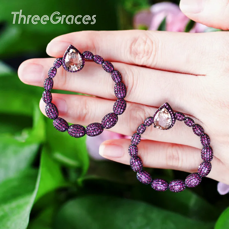 

ThreeGraces Luxury Big Round Circle Micro Pave Cubic Zircon Hot Pink Crystal Black Glod Drop Earrings Women Party Jewelry ER478