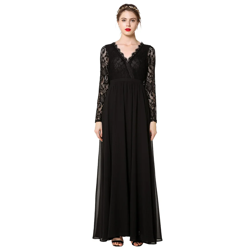 

Women V-Neck Lace Chiffon Long Sleeve Dress Backless Sheer Cocktail Party Dresses Gown Clothing Gown Fashion Femme Vestidos