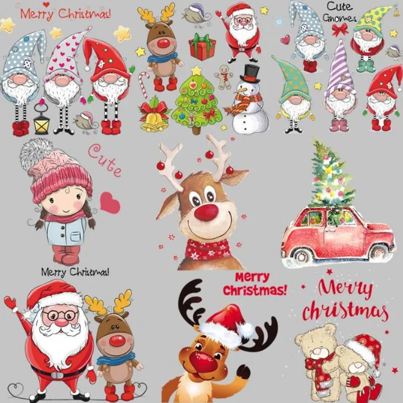 

Cute Merry Christmas Iron On Patches For DIY Heat Transfer Clothes T-Shirt Thermal Stickers Decoration Printing