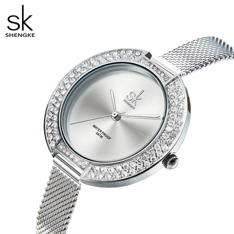 

Shengke relógios femininos de luxo prata fino pulseira 38 mm grande dial senhoras relógio quartzo japonês