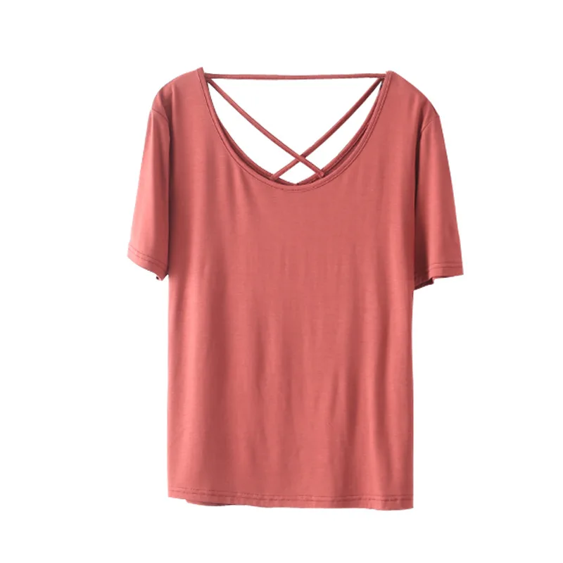 

Women's Backless T-shirt Summer Simple Solid Color O-neck Tops Ladies New 2021 Short-sleeved Loose Plus Size T-shirts