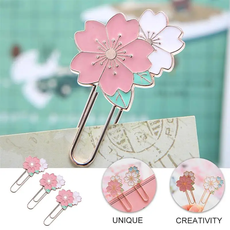 

3pcs Creative Paper Clip Sakura Design Metal Bookmark School Office Accessories
