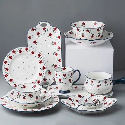 

14PCS Japanese Hand Color Small Red Flower Ceramic Household Tableware Set Household Kitchen Supplies Dish Set