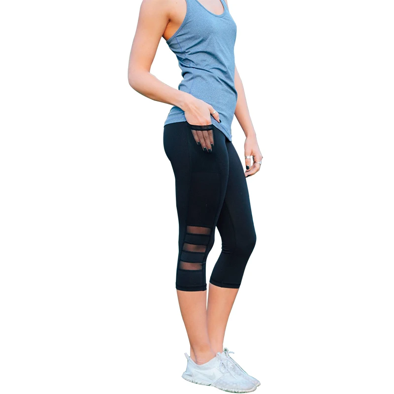 Женские лоскутные леггинсы летние дышащие сетчатые штаны-капри с карманами и