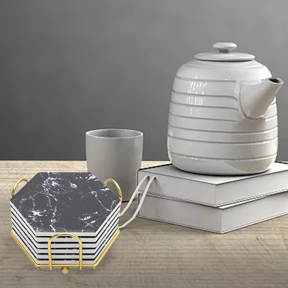 

Coasters with Gold Holder Set Absorbent Ceramic Coasters with Marble Design for Glasses Cups Mugs Bowls Home Decor