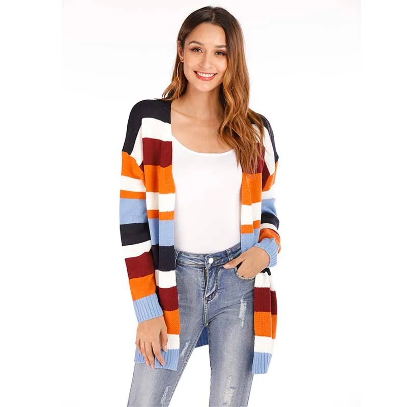 

2021 Autumn Long Sleeve Color Striped Patchwork Coat Women Vintage Sweater Casual Female Fashion Cardigan Knit Sweater Outerwear