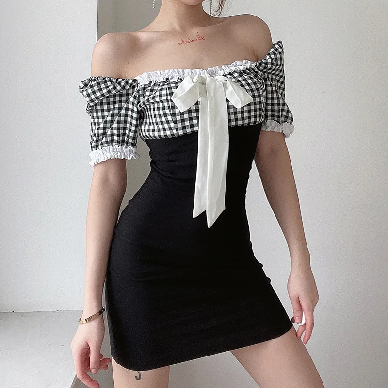 

SANGMAY Sexy Bubble Dress Square Collar Korean Style Party Casual Slim Dress