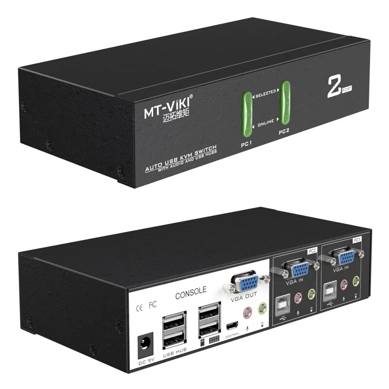 

Mt-Viki MT-0201VK 1920*1440 Auto 2 Port Audio Stereo Usb Kvm Switch Vga With Mike And Usb Hub Port