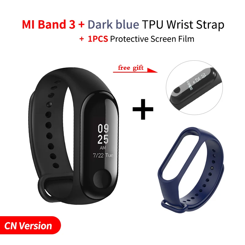Add Navy blue Strap Xiaomi Mi-браслет 3, умный Браслет, фитнес-браслет, сенсорный экран, OLED, частота сердечных сокращений, смарт-браслет, глобальная версия - Цвет: Add Navy blue Strap