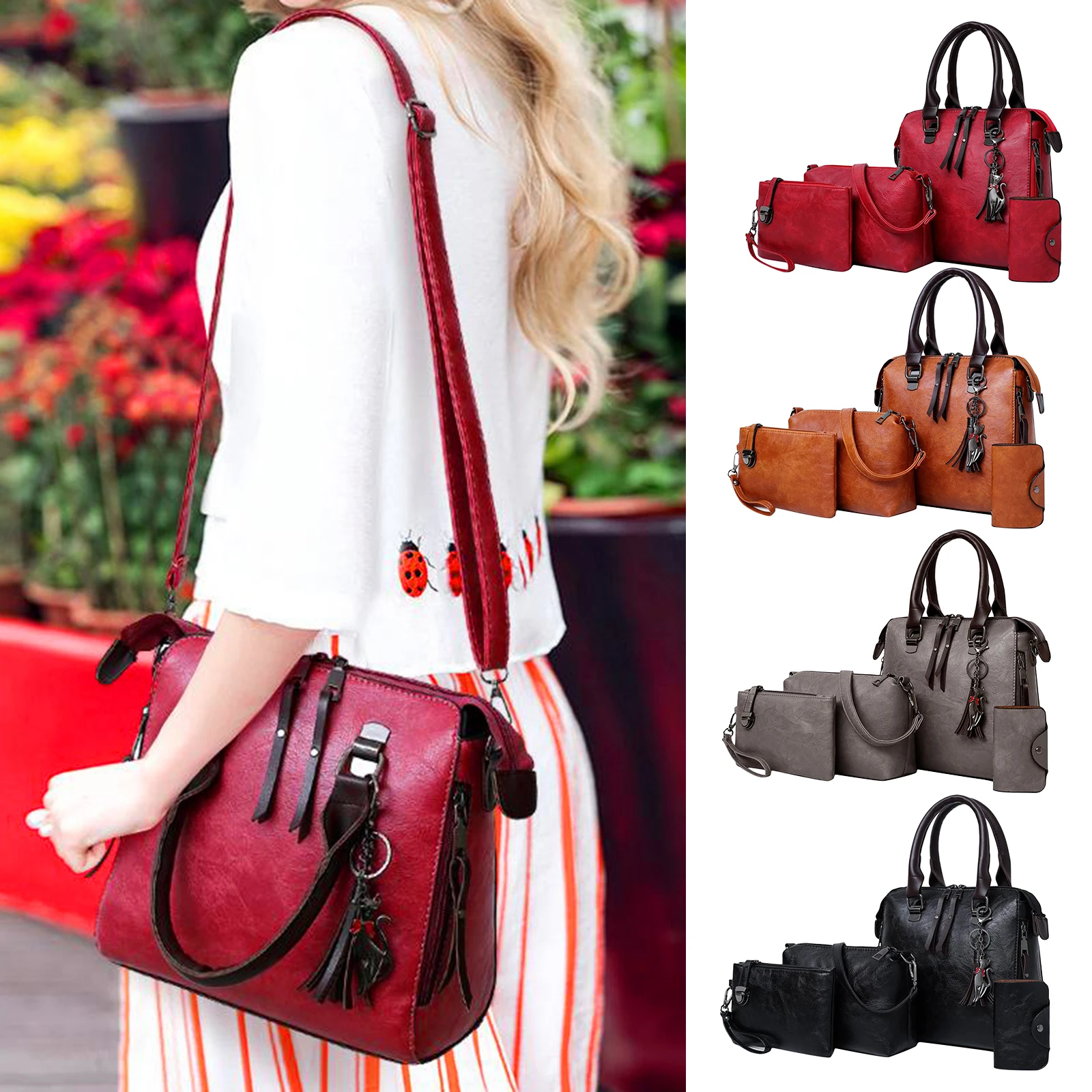 

4pcs Womens Handbag Shoulder Hand Bag Cross Body Cards Makeup Holder