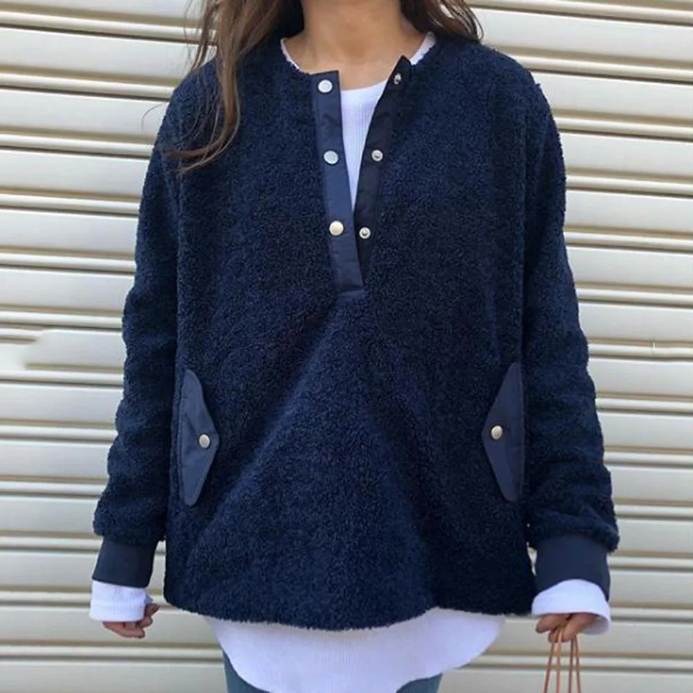 Женская футболка из флиса однотонная темно синяя офисная рубашка с длинным