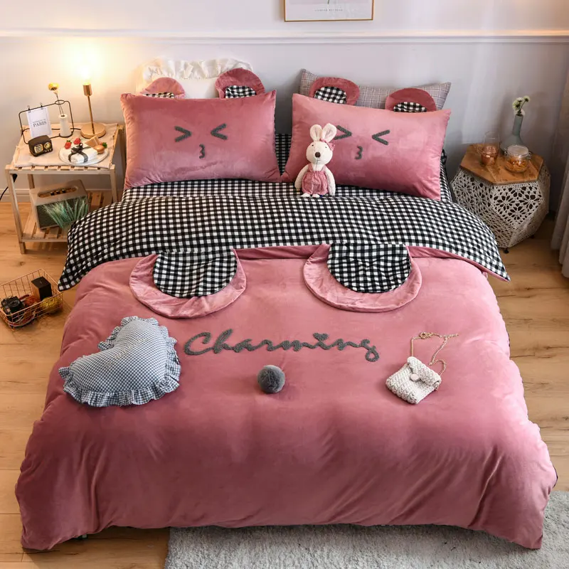 Милый зимний флисовый бархатный пододеяльник с вышивкой медвежьими ушками