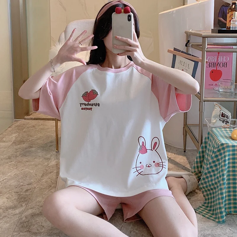 

Летняя Пижама, женские шорты с коротким рукавом, свободный хлопковый костюм в Корейском стиле, Милая Тонкая Милая Домашняя одежда с кролико...