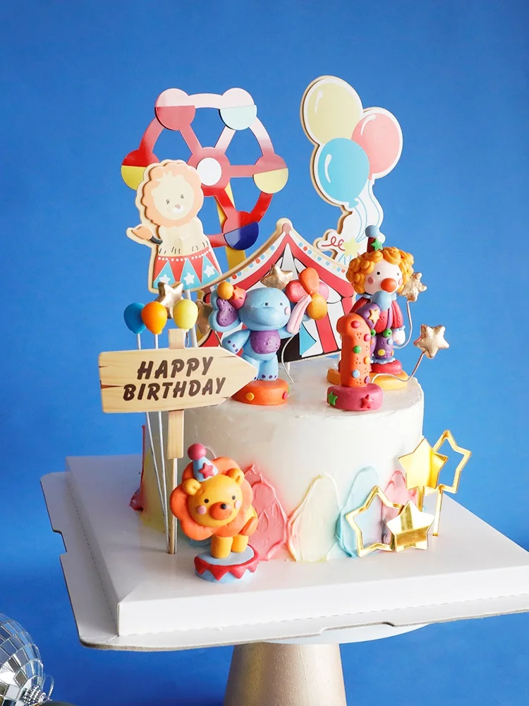 Cake Topper Children's Baking Cake Decoration Circus Cartoon Elephant Lion Birthday Ornaments Birthday Party Decoration Supplies