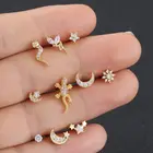 Циркон, кристалл, серьги, Надеваемые На ушной хрящ Змея Ящерица Геккон Цветок Луны хрящевая спираль раковины серьги Для Пирсинга Ушей Нержавеющаясталь ювелирные изделия