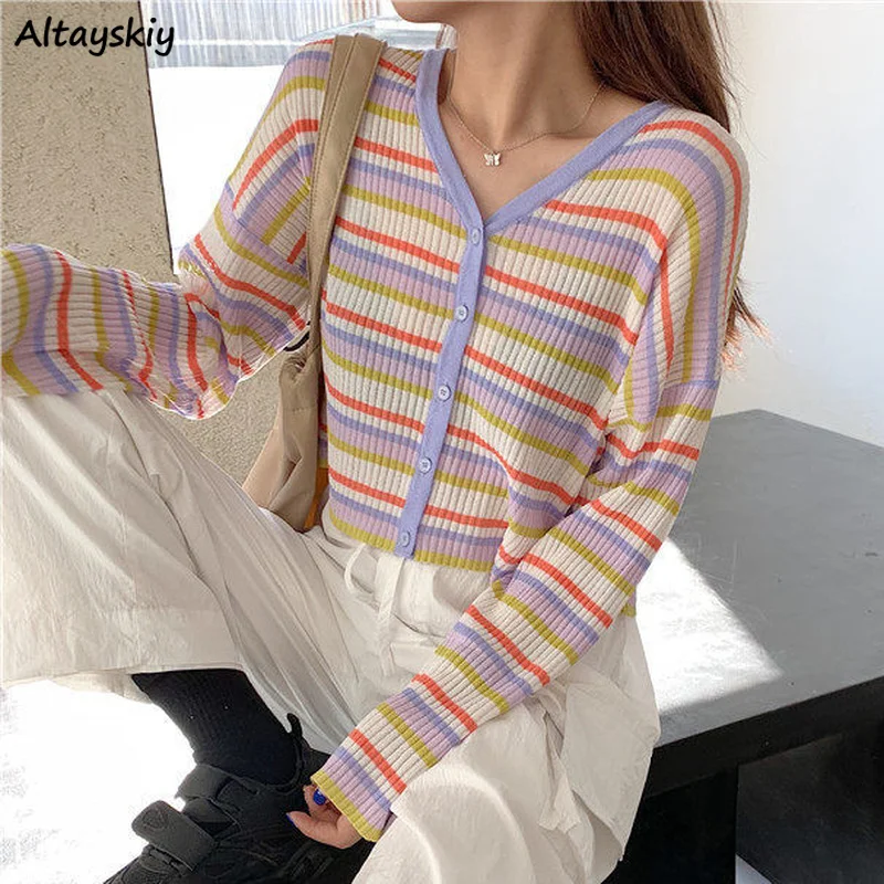 

Striped Cardigan Women V-neck Retro Streetwear All-match Gentle Loose-fitting Design Knitted Fashion Ulzzang BM Cropped Sweaters