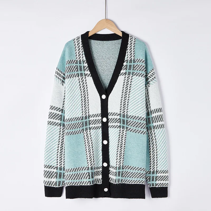 

2020 Autumn Winter New V Neck Checked Knit Cardigan Female Temperament Commuter Sweater Coat Simple Fashion Versatile Students