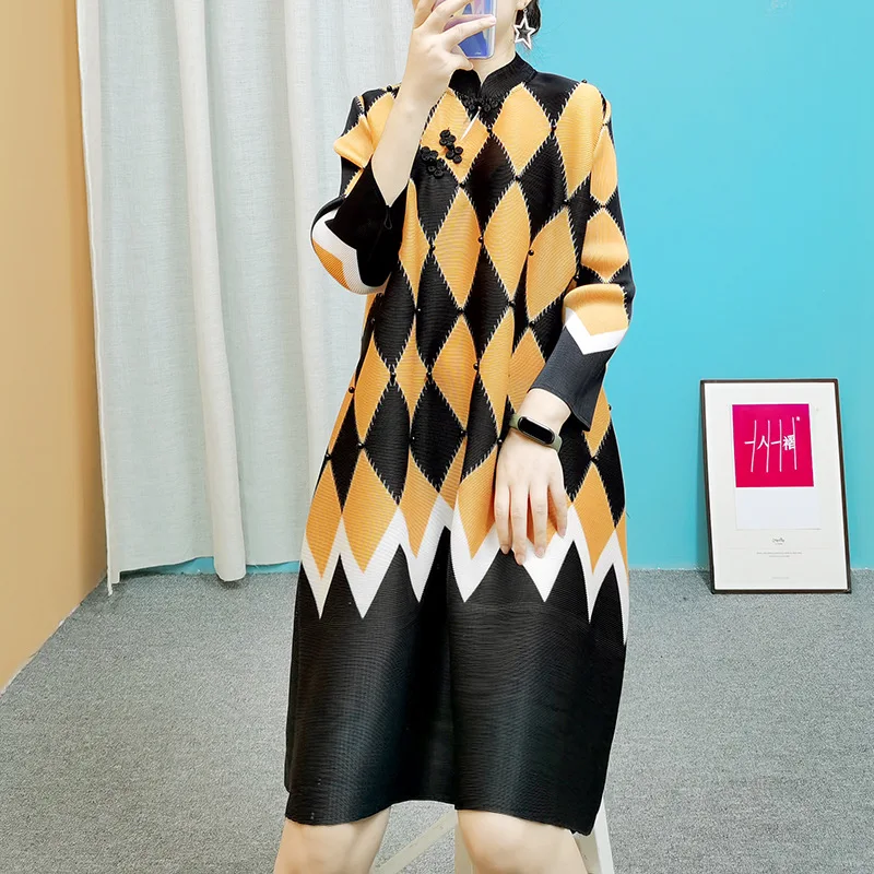 

Changpleat 2021 autumn new women's color matching dress Miyak Pleated Oversize loose geometric print cheongsam dress