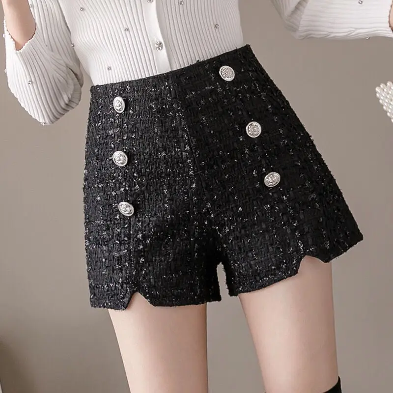 

2020 New Autumn Winter Black Tweed Women's Shorts Sashes High Waist Wide Leg Shorts Female Elegant Plaid Thick Short Trousers