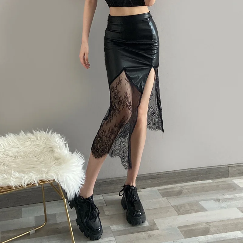 

Летняя одежда 2021, Женская облегающая юбка из искусственной кожи, женские привлекательные Асимметричные сетчатые Юбки миди с высоким разрез...
