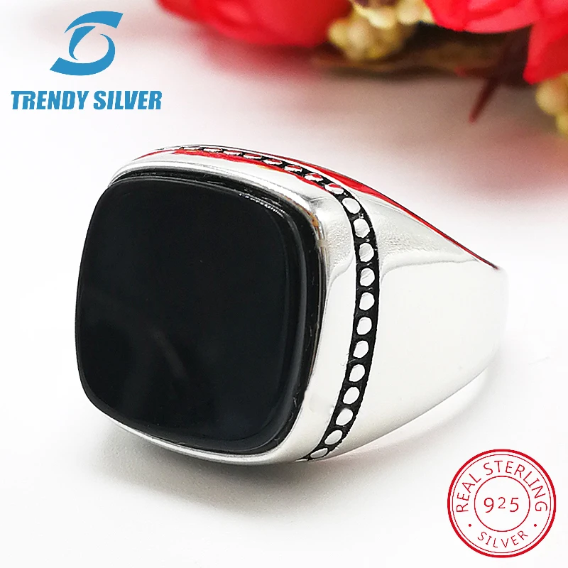 

silver 925 fine jewelry man rings men accessories turquoise gemstone natural black onyx agate wholesale TRENDY SILVER TCR8064