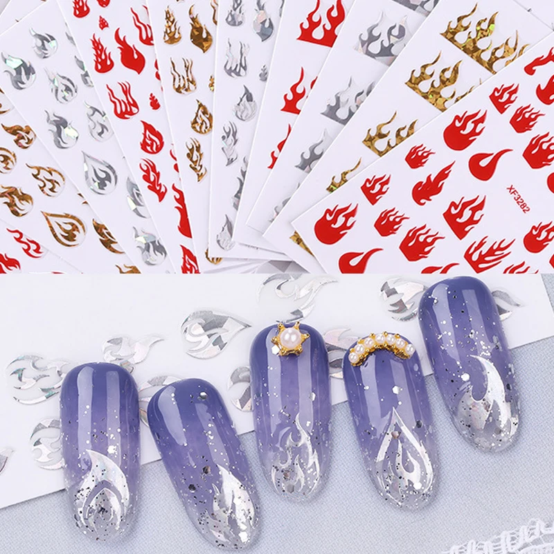 

Holographic Flame Nails Sticker Art Fire Nail Decals Gold Silver Fires On Manicure Stencil Stickers On Nails