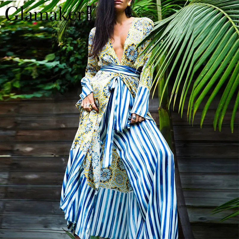 Женское винтажное платье-туника Glamaker пляжное макси-платье для отдыха с v-образным