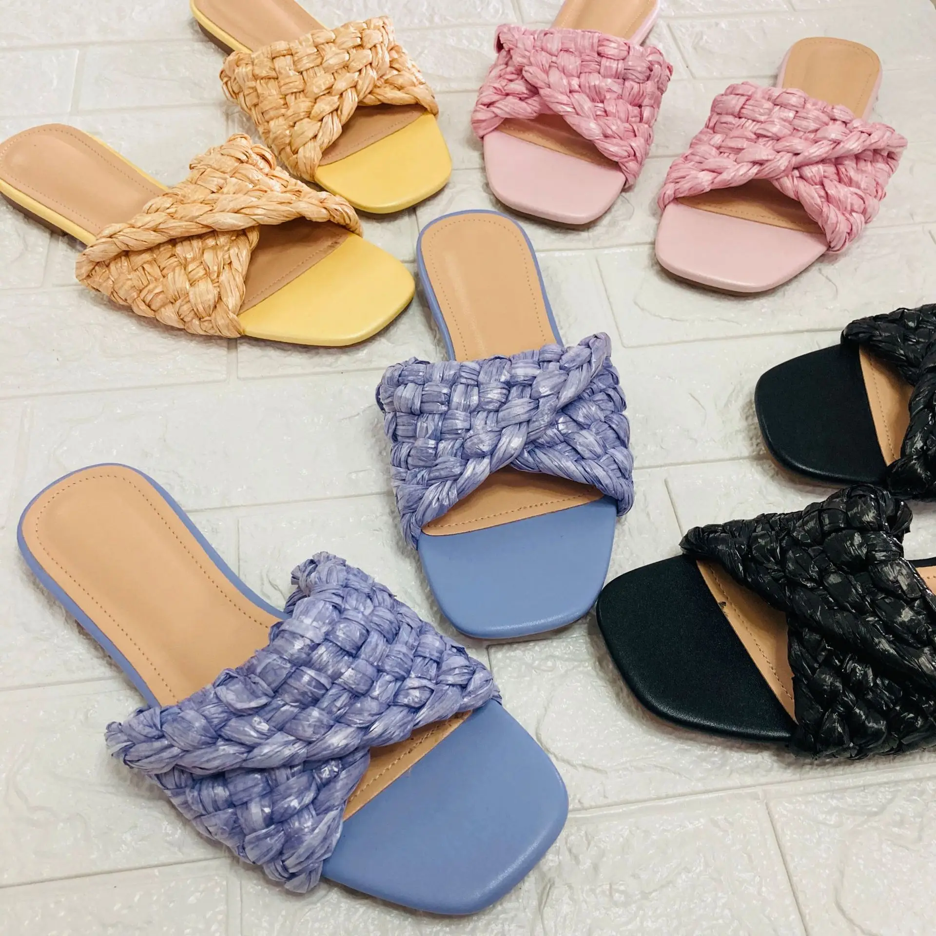

Summer Women Sandals New Square Toe Woven Large Size Flat Slippers Solid Color Fashion Ladies Shoes Beach Flip Flops Size 36-42