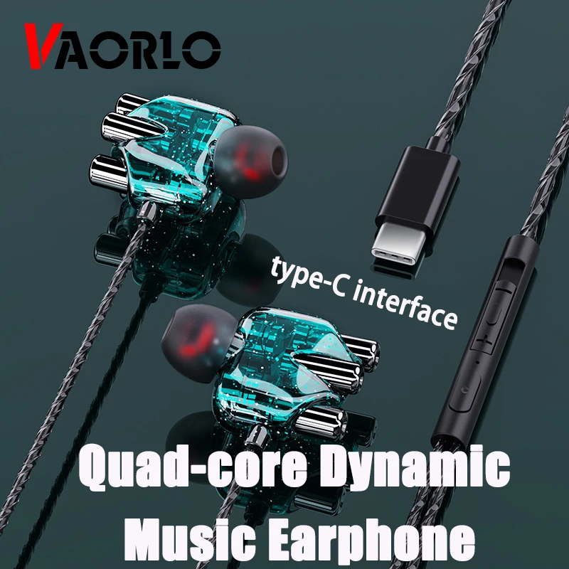VAORLO A6 Quad Core Dynamic Stereo Wired Earphone type-c interface Sports HiFi Music Headset With Mic For HuaWei Xiaomi | Электроника