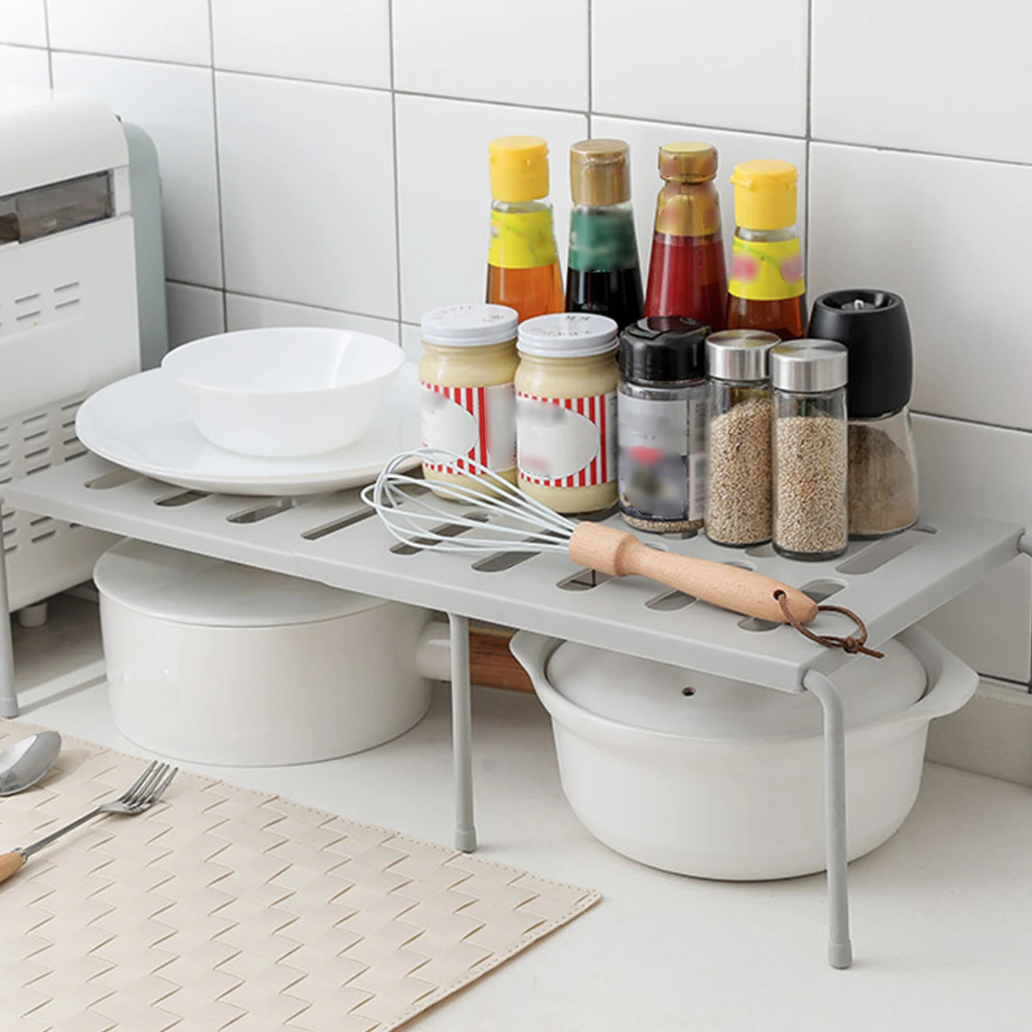 Расширяемый стекируемые Кухня шкаф счетчик с полками органайзер для хранения на