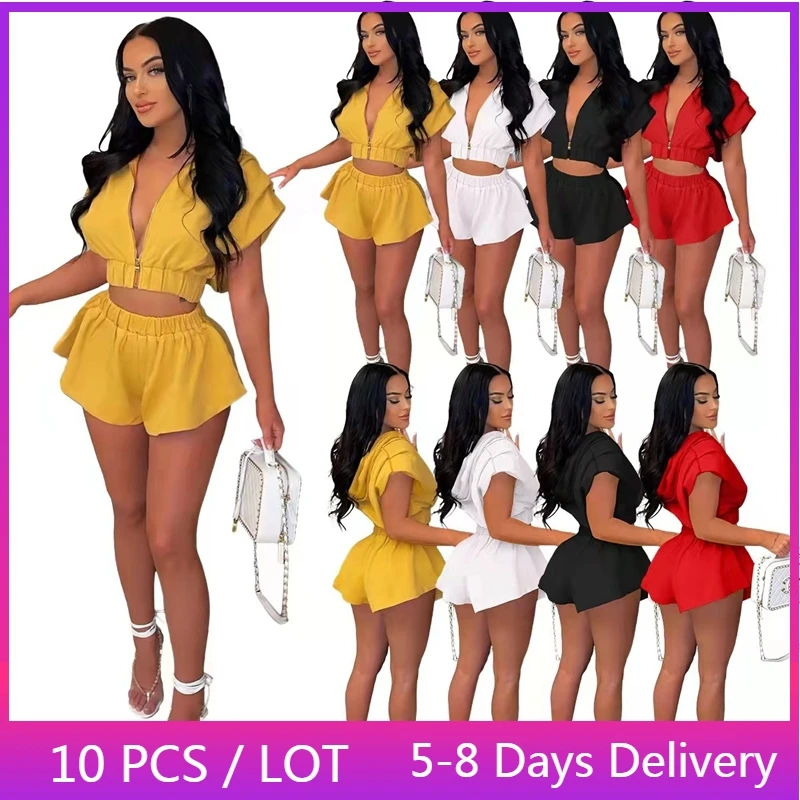 

Оптовая продажа женских комплектов из двух предметов летняя одежда толстовка куртка короткий топ шорты с оборками костюмы однотонные повседневные наряды для женщин