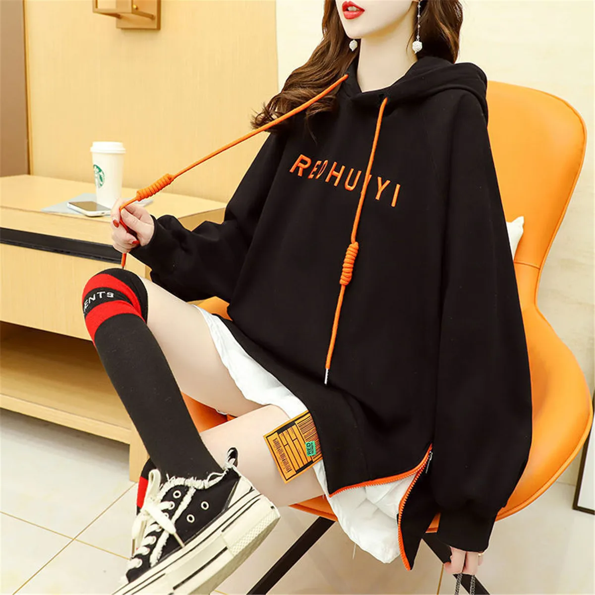 

Black Hip Hop Hoodie Vintage Hooded Sweatshirt Oversize Women Spring Autumn Funny Hoodie Tops Female Clothes Orange Hoodie Girl