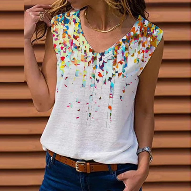 

5XL Fashion Flower Print T-Shirt Casual Spring Summer Sleeveless Pullover Tops Elegant Women V-Neck Blouse Streetwear Plus Size