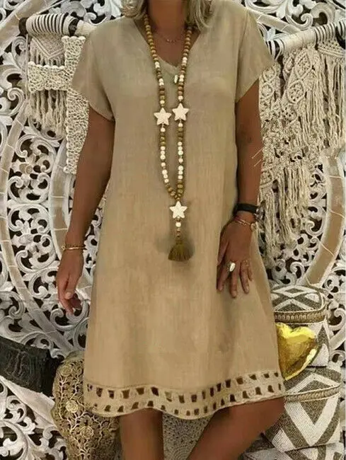 Женское платье бохо из хлопка и льна летняя длинная футболка с коротким рукавом