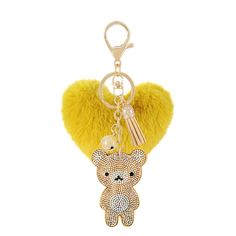 

Cute Crystal Bear Peach Heart Love Plush Ball Keychain Pendant Lady Bag Purse Accessories Girls Key Chains Cartoon Bear Gift