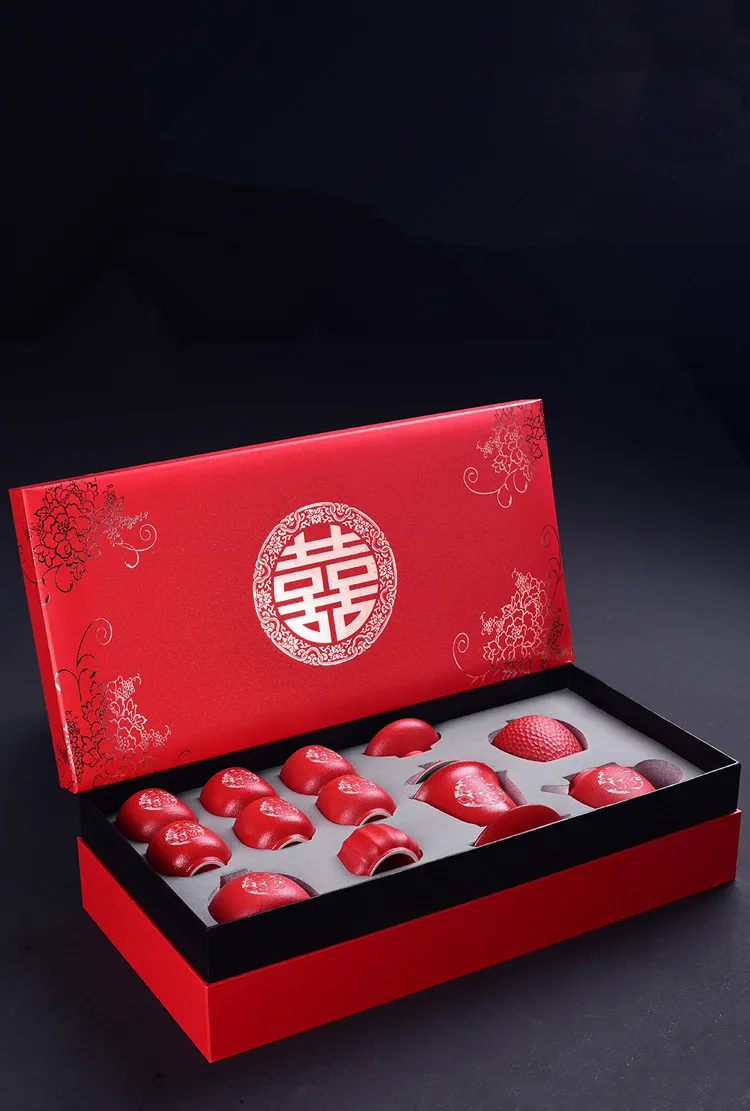 Китайский праздничный свадебный чайный набор Gaiwan, керамический чайный набор, домашний черный чайный набор кунг-фу, Да Хун Пао, свадебный подарок в упаковке