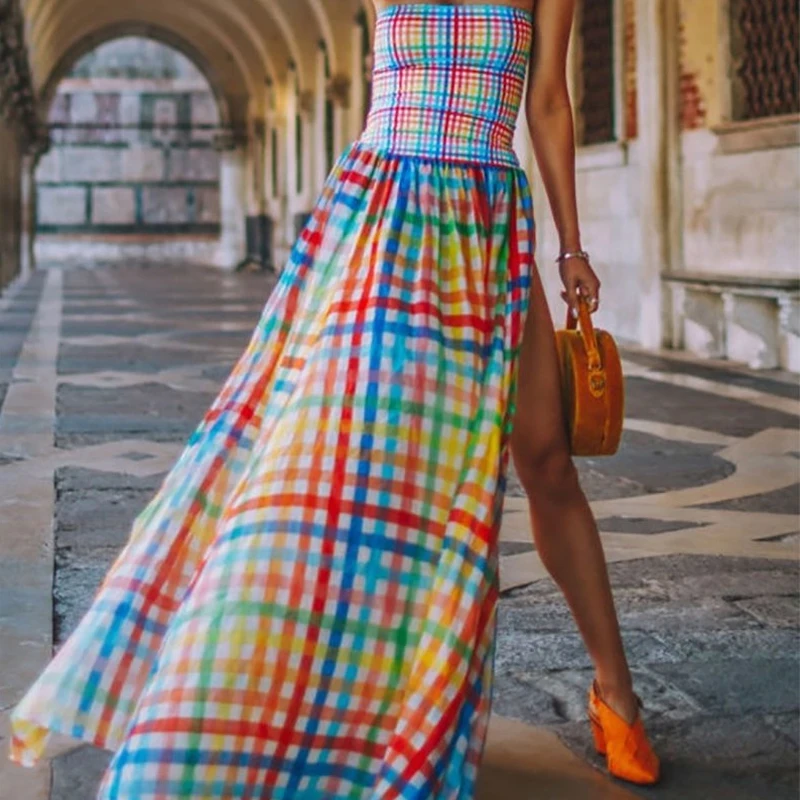 Женское пляжное платье без бретелек из шифона разноцветное богемное в клетку с