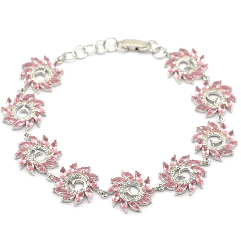 

17x17mm Romantic Phoenix Shape Pink Morganite White CZ Wedding Silver Bracelet 7.5-8.5inch