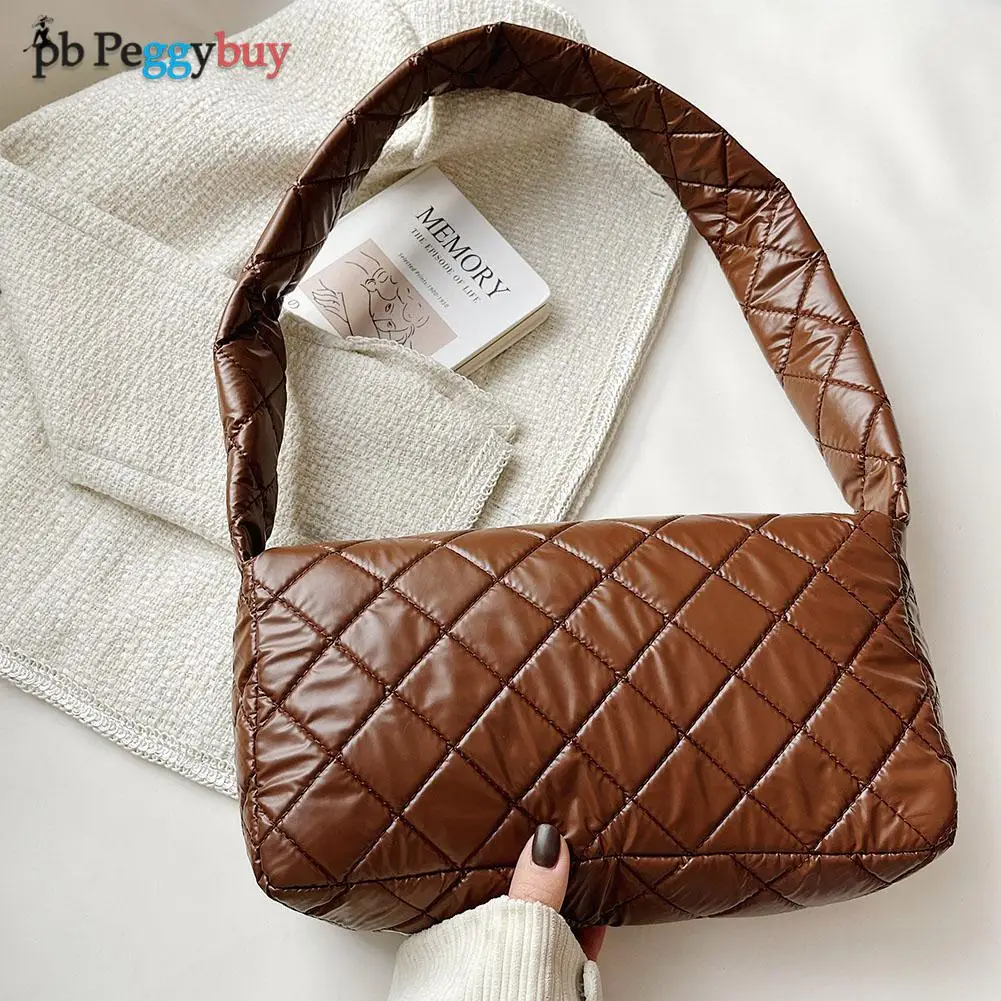 

Women Space Padded Nylon Armpit Underarm Bag Solid Color Quilted Large Capacity Top-handle Bag Winter Warm Tote Bags For Women