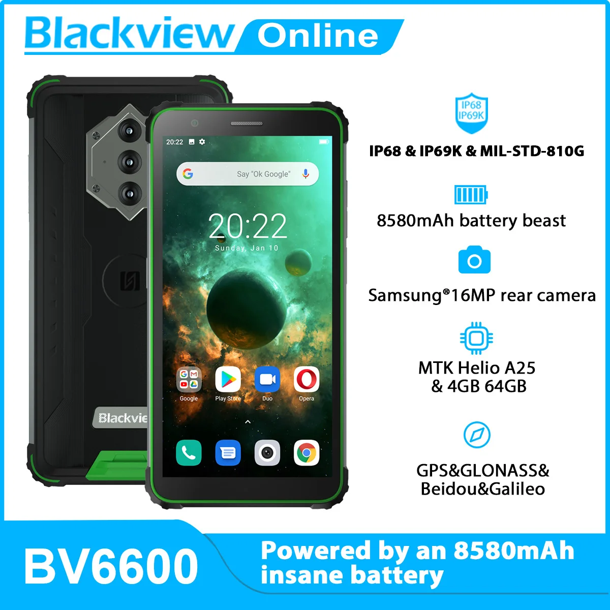 

Blackview BV6600 8580mah 4g Rugged Smartphone Octa Core 4GB+64GB IP68 Waterproof 5.7" 16MP Camera NFC Android 10 Mobile Phone