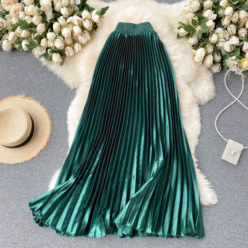 

High Waist Long Skirts Womens 2021 Maxi Pleated Skirt Women Clothing Elegant Office Lady Fashion Metallic Satin Skirt