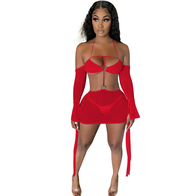 

2021 Women Sexy Solid Strings Halter Sheer Mesh Mini Club Party Dress Hollow Out Off Shoulder Flare Sleeve Beach Cover Ups