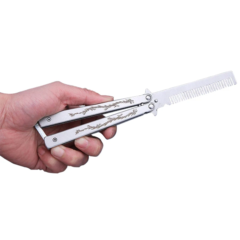 

COSTWAY Foldable Comb Stainless Steel Practice Training Butterfly Knife Comb Beard & Moustache Brushes Hairdressing Styling Tool